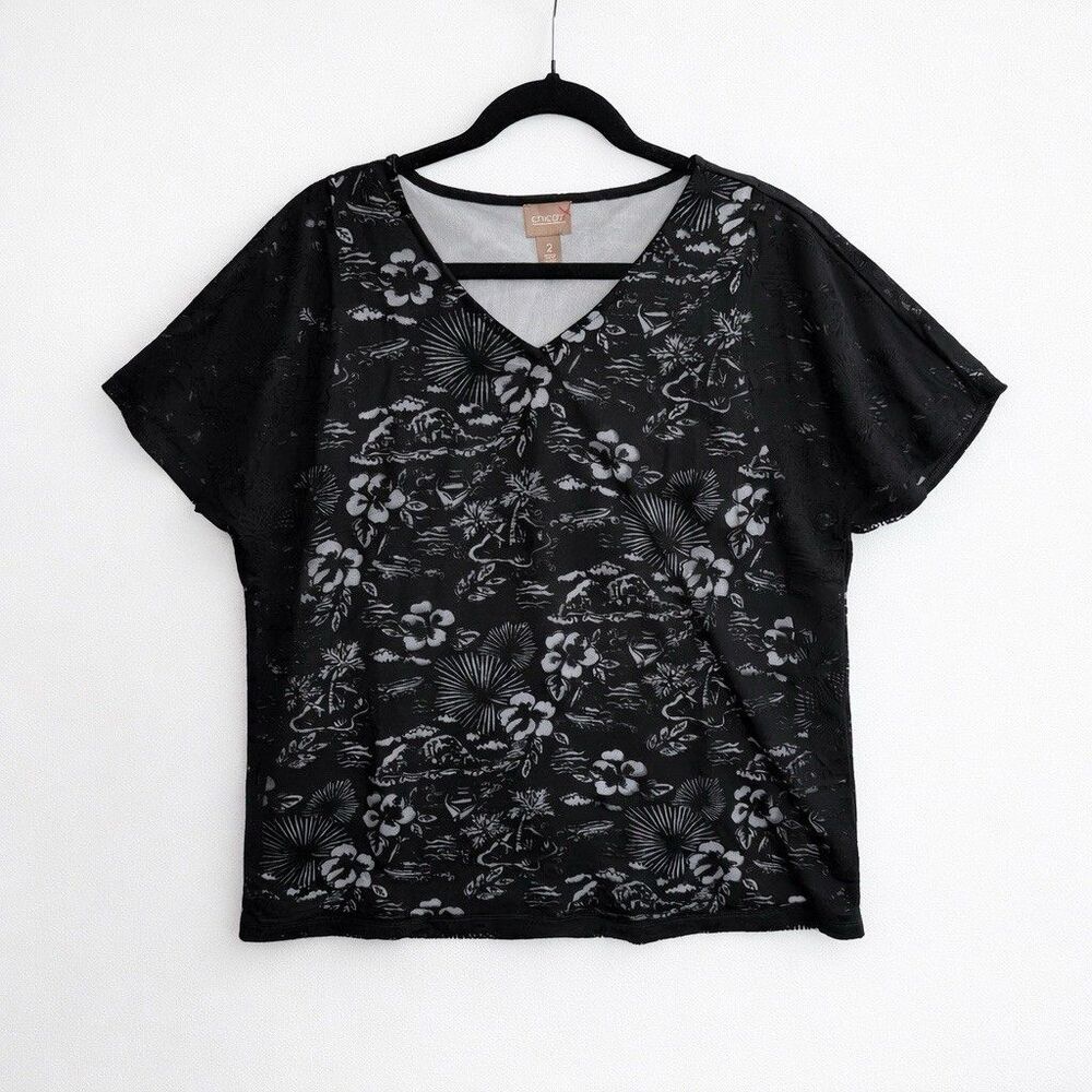 Chico's Size 2 Black Burnout Overlay Top Lined Short Sleeve V-Neck Tropical